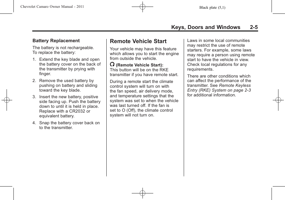 Remote vehicle start | CHEVROLET 2011 Camaro User Manual | Page 33 / 414