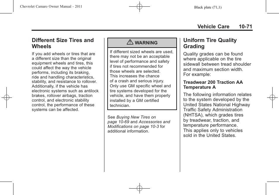 Different size tires and wheels, Uniform tire quality grading | CHEVROLET 2011 Camaro User Manual | Page 333 / 414