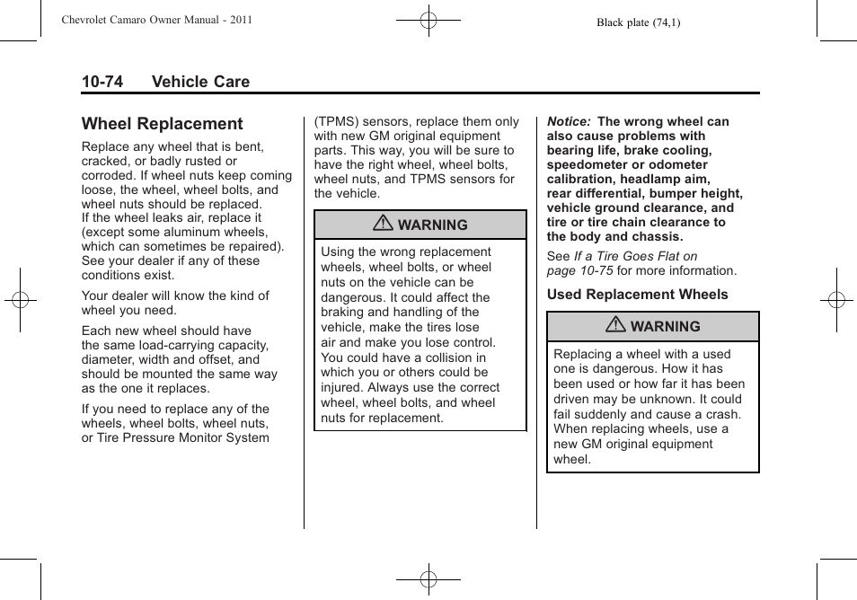 Wheel replacement | CHEVROLET 2011 Camaro User Manual | Page 336 / 414