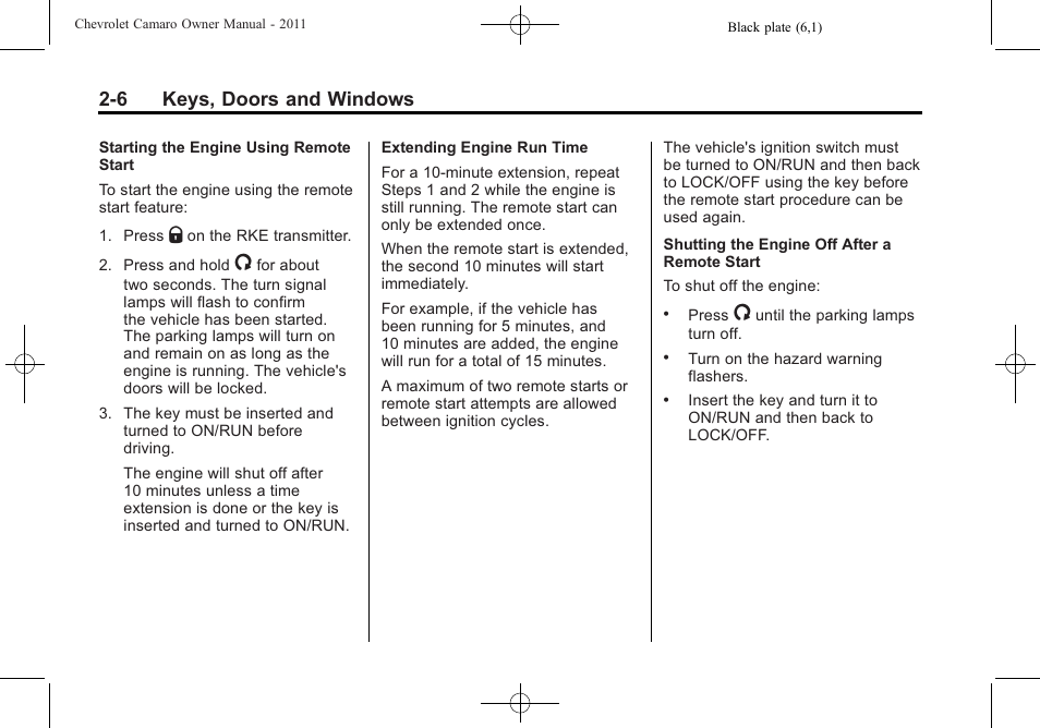 6 keys, doors and windows | CHEVROLET 2011 Camaro User Manual | Page 34 / 414