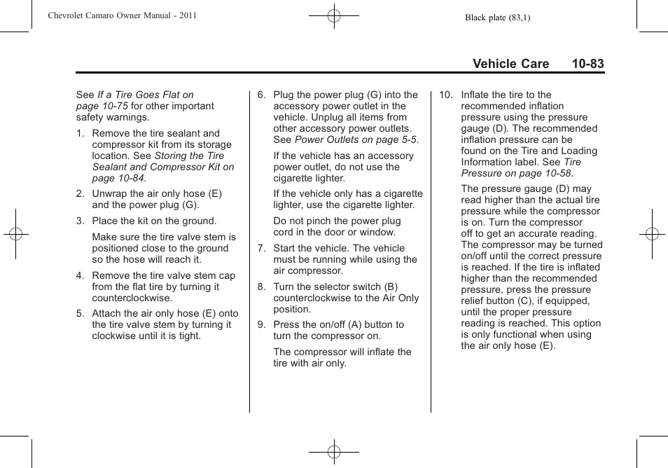 Vehicle care 10-83 | CHEVROLET 2011 Camaro User Manual | Page 345 / 414