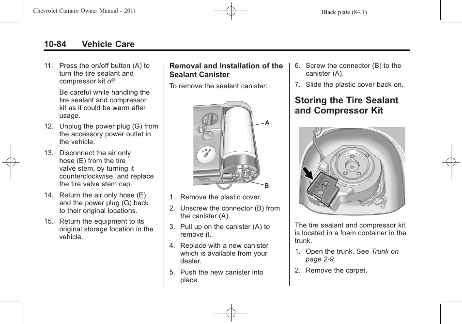Storing the tire sealant and compressor kit, 84 vehicle care | CHEVROLET 2011 Camaro User Manual | Page 346 / 414
