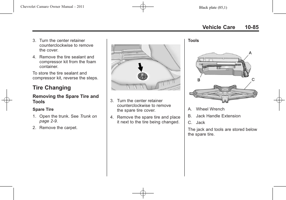 Tire changing, Vehicle care 10-85 | CHEVROLET 2011 Camaro User Manual | Page 347 / 414