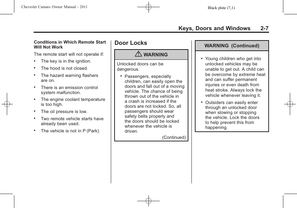 Door locks, Keys, doors and windows 2-7 | CHEVROLET 2011 Camaro User Manual | Page 35 / 414