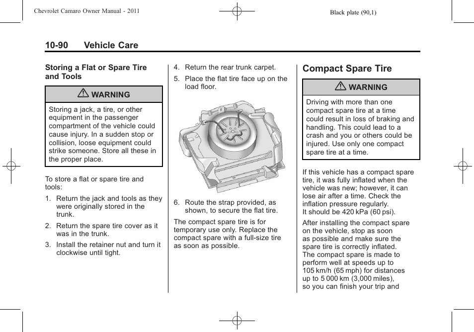 Compact spare tire | CHEVROLET 2011 Camaro User Manual | Page 352 / 414