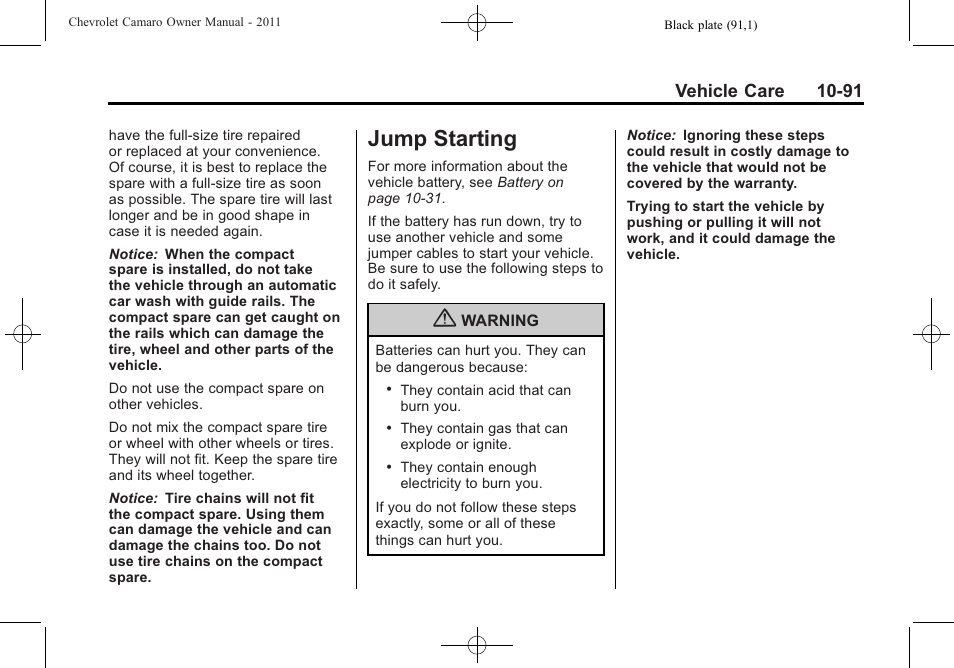 Jump starting, Vehicle care 10-91 | CHEVROLET 2011 Camaro User Manual | Page 353 / 414
