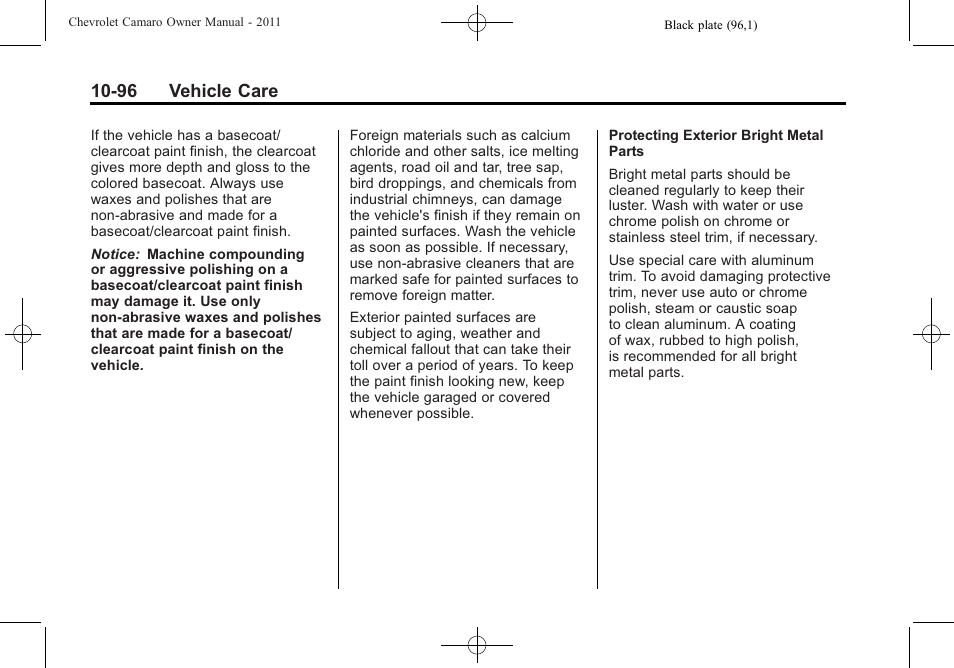 96 vehicle care | CHEVROLET 2011 Camaro User Manual | Page 358 / 414