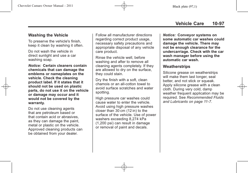 Vehicle care 10-97 | CHEVROLET 2011 Camaro User Manual | Page 359 / 414