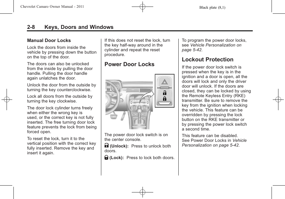 Power door locks, Lockout protection | CHEVROLET 2011 Camaro User Manual | Page 36 / 414