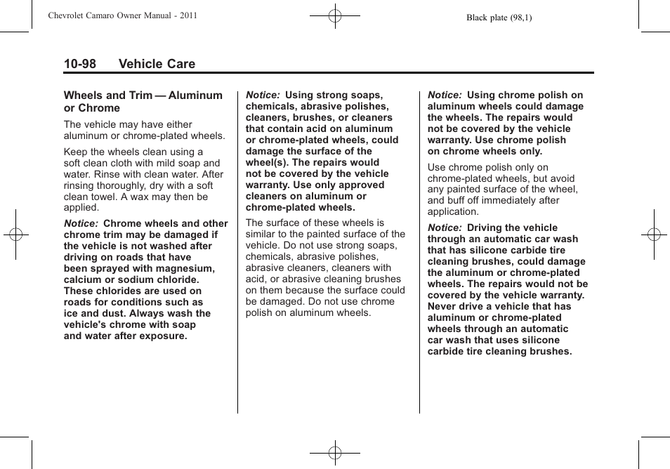 98 vehicle care | CHEVROLET 2011 Camaro User Manual | Page 360 / 414