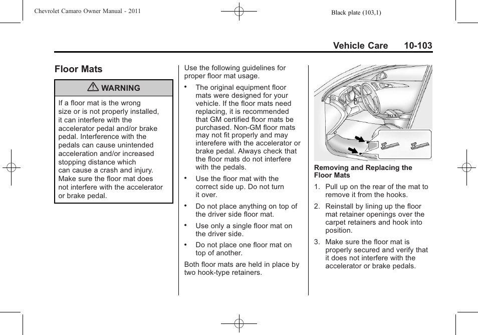 Floor mats | CHEVROLET 2011 Camaro User Manual | Page 365 / 414