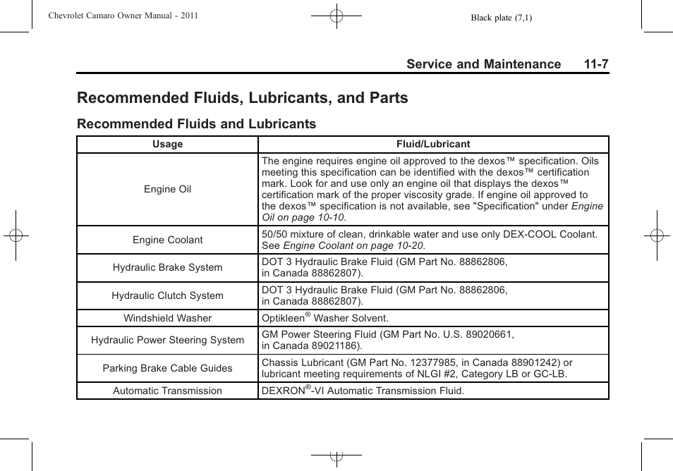 Recommended fluids, lubricants, and parts, Recommended fluids and lubricants, Service and maintenance 11-7 | CHEVROLET 2011 Camaro User Manual | Page 373 / 414