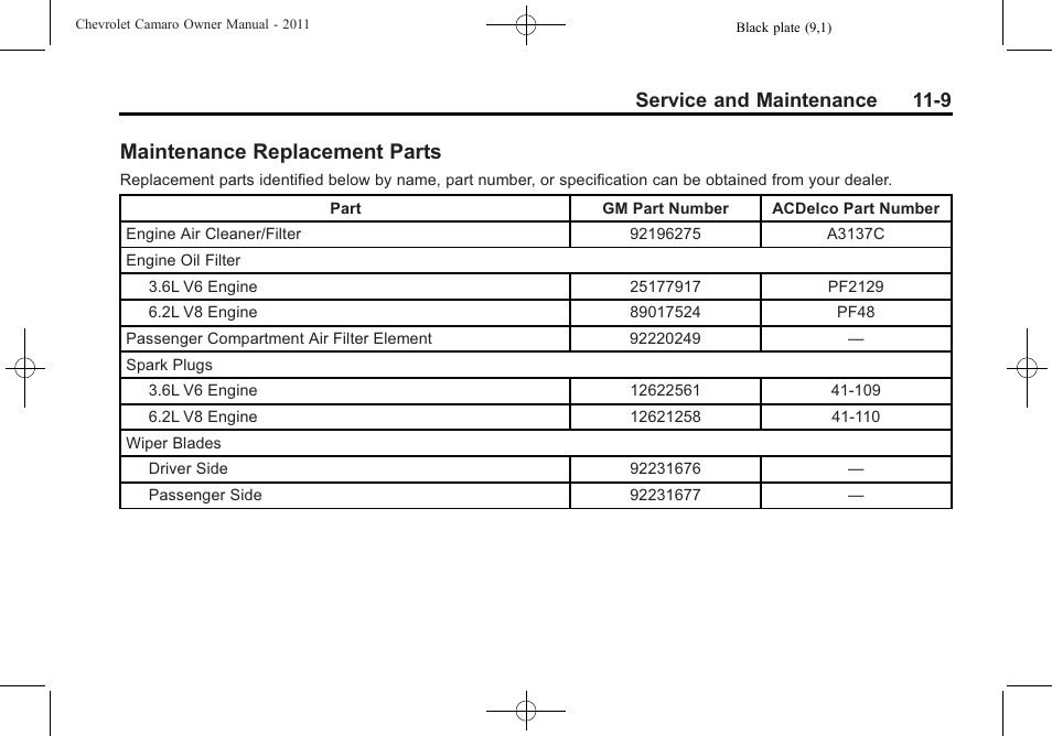 Maintenance replacement parts, Service and maintenance 11-9 | CHEVROLET 2011 Camaro User Manual | Page 375 / 414