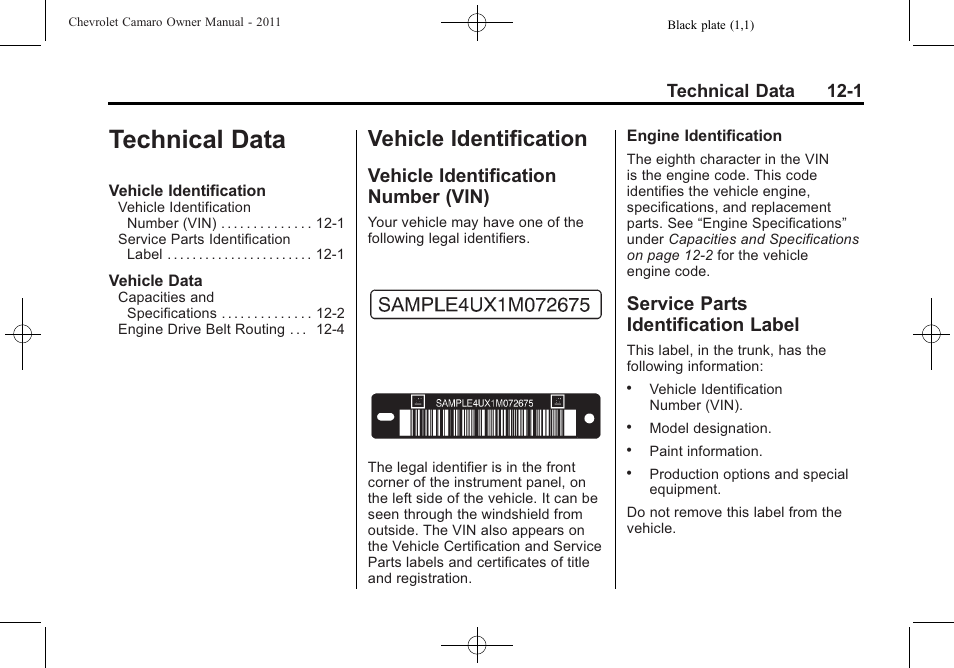 Technical data, Vehicle identification, Vehicle identification number (vin) | Service parts identification label, Technical data 12-1 | CHEVROLET 2011 Camaro User Manual | Page 379 / 414