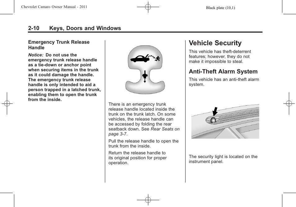 Vehicle security, Anti-theft alarm system | CHEVROLET 2011 Camaro User Manual | Page 38 / 414