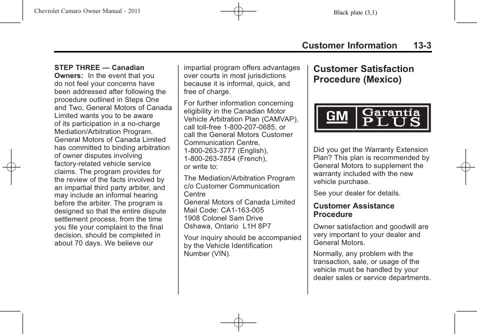 Customer satisfaction procedure (mexico) | CHEVROLET 2011 Camaro User Manual | Page 385 / 414