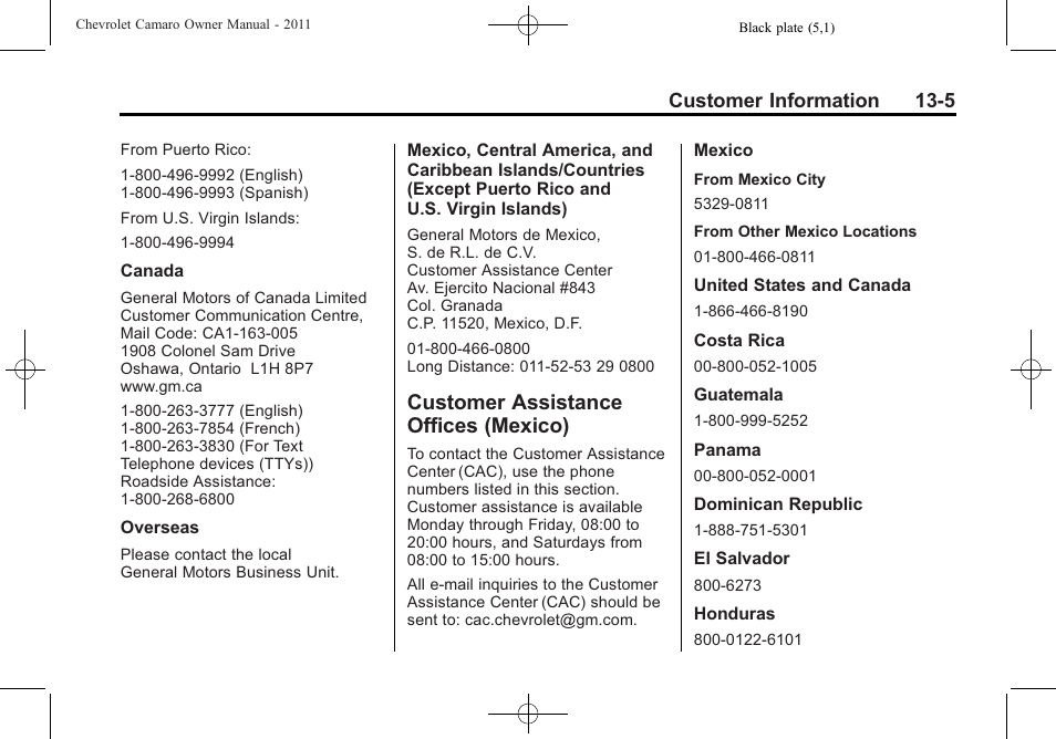 Customer assistance offices (mexico), Customer information 13-5 | CHEVROLET 2011 Camaro User Manual | Page 387 / 414