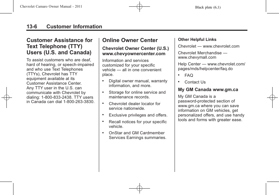 Online owner center, 6 customer information | CHEVROLET 2011 Camaro User Manual | Page 388 / 414