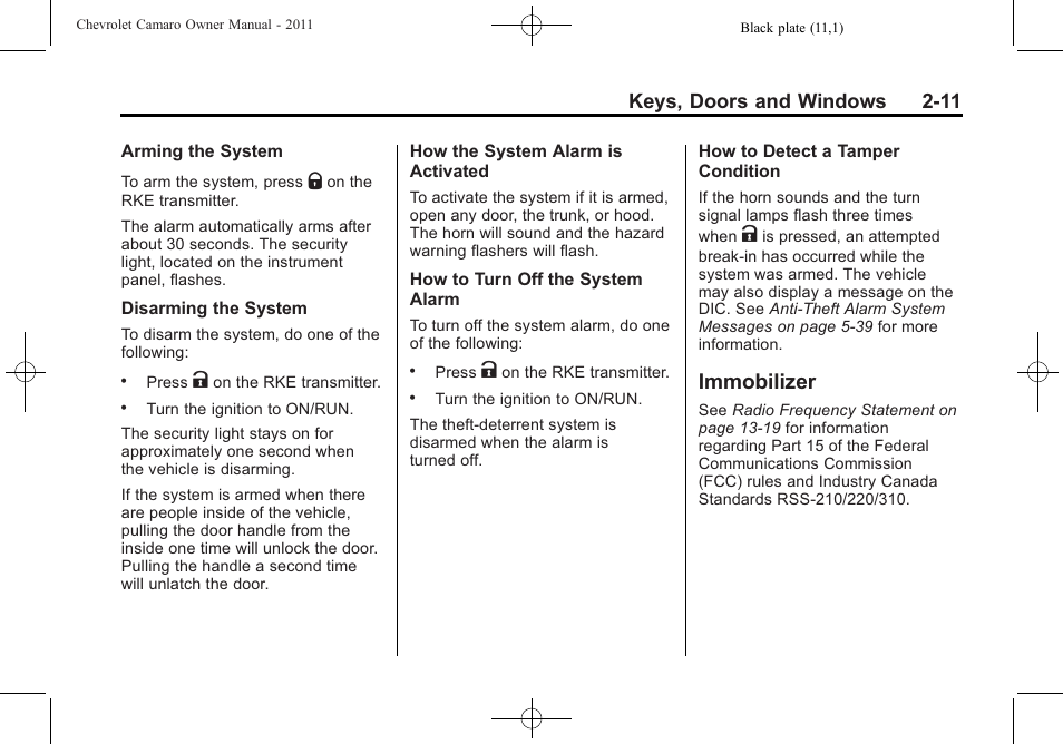 Immobilizer, Keys, doors and windows 2-11 | CHEVROLET 2011 Camaro User Manual | Page 39 / 414