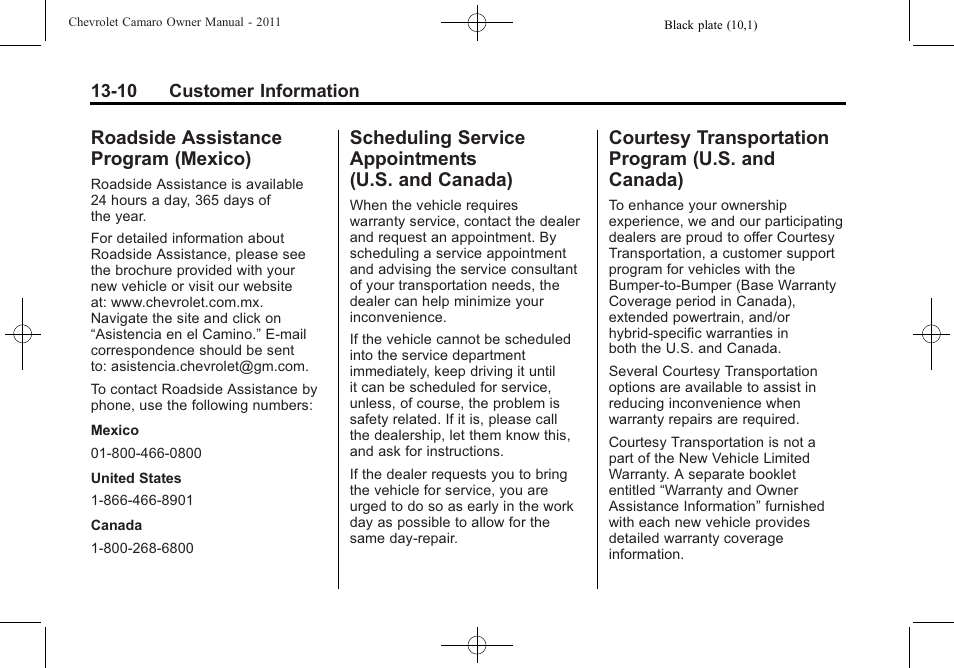 Roadside assistance program (mexico), Scheduling service appointments (u.s. and canada), Courtesy transportation program (u.s. and canada) | CHEVROLET 2011 Camaro User Manual | Page 392 / 414
