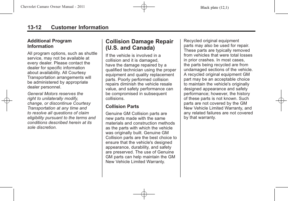 Collision damage repair (u.s. and canada) | CHEVROLET 2011 Camaro User Manual | Page 394 / 414