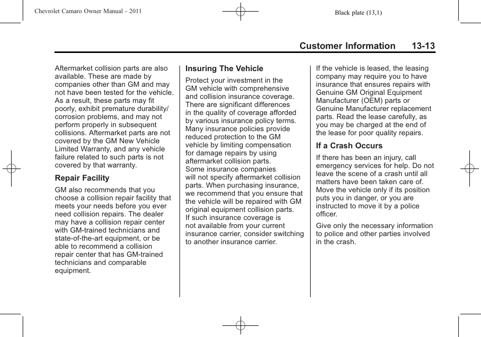 Customer information 13-13 | CHEVROLET 2011 Camaro User Manual | Page 395 / 414