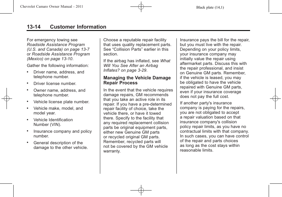 14 customer information | CHEVROLET 2011 Camaro User Manual | Page 396 / 414