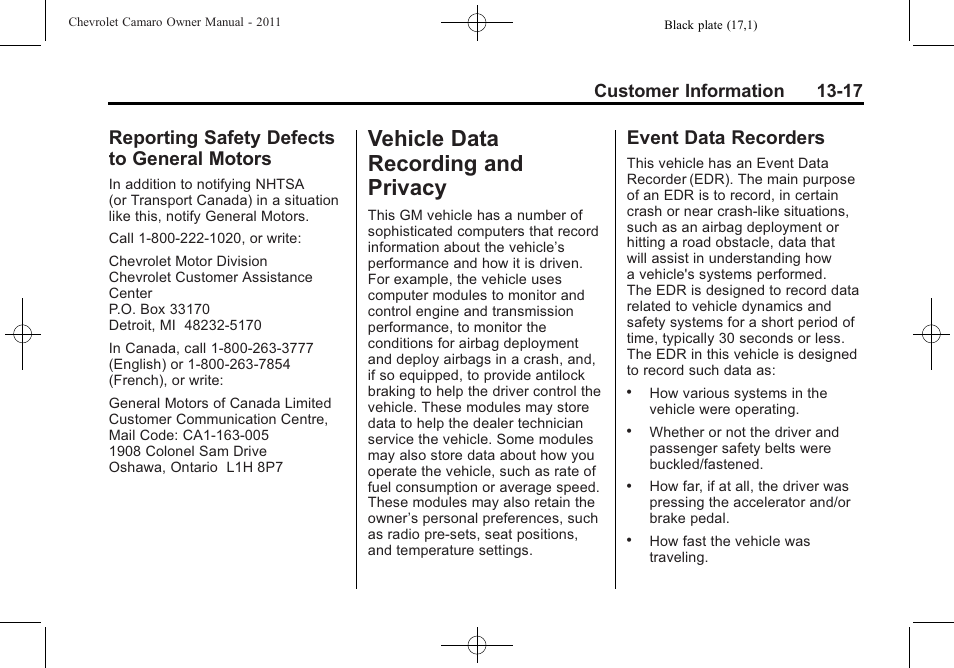 Reporting safety defects to general motors, Vehicle data recording and privacy, Event data recorders | Customer information 13-17 | CHEVROLET 2011 Camaro User Manual | Page 399 / 414