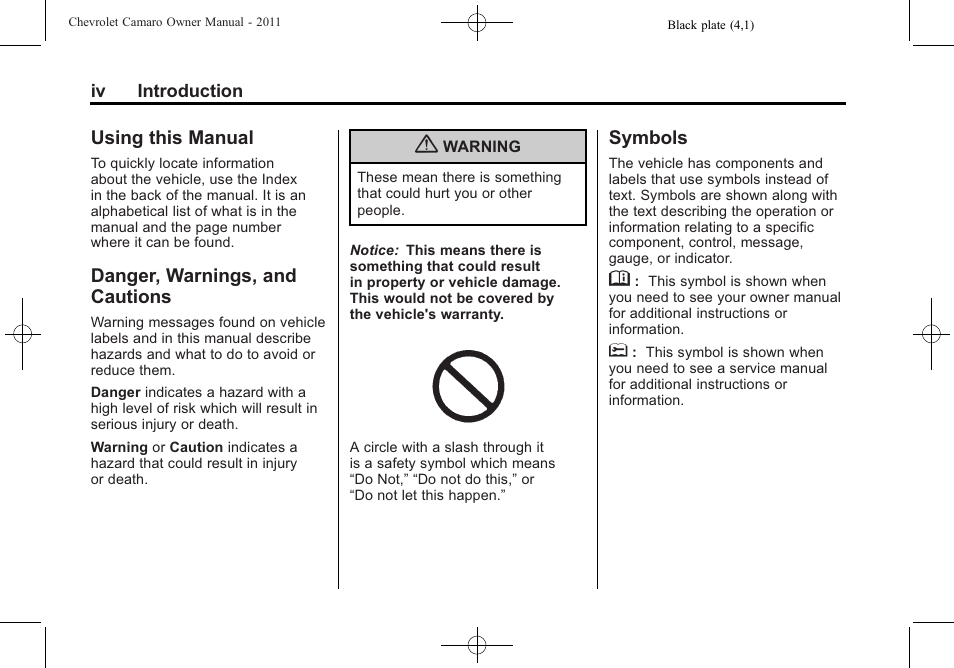 Using this manual, Danger, warnings, and cautions, Symbols | CHEVROLET 2011 Camaro User Manual | Page 4 / 414
