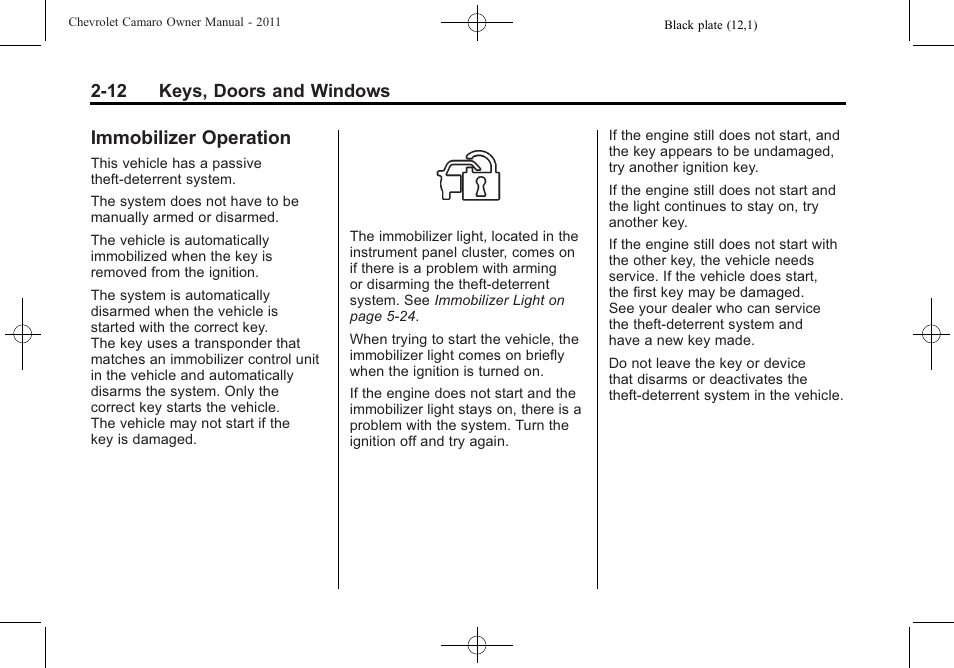Immobilizer operation | CHEVROLET 2011 Camaro User Manual | Page 40 / 414