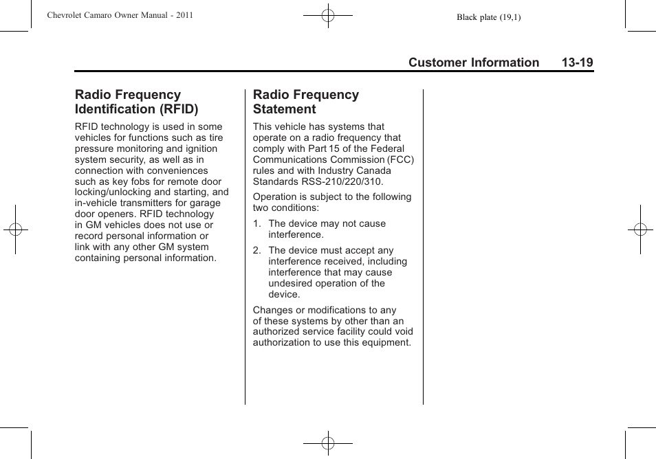 Radio frequency identification (rfid), Radio frequency statement | CHEVROLET 2011 Camaro User Manual | Page 401 / 414