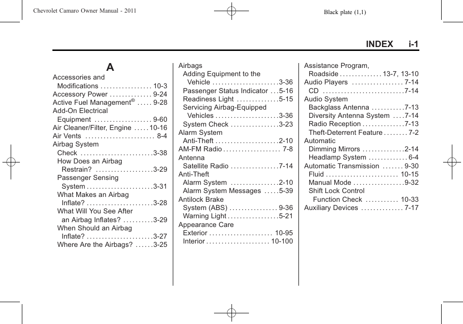 Index, Index_a, Index i-1 | CHEVROLET 2011 Camaro User Manual | Page 403 / 414
