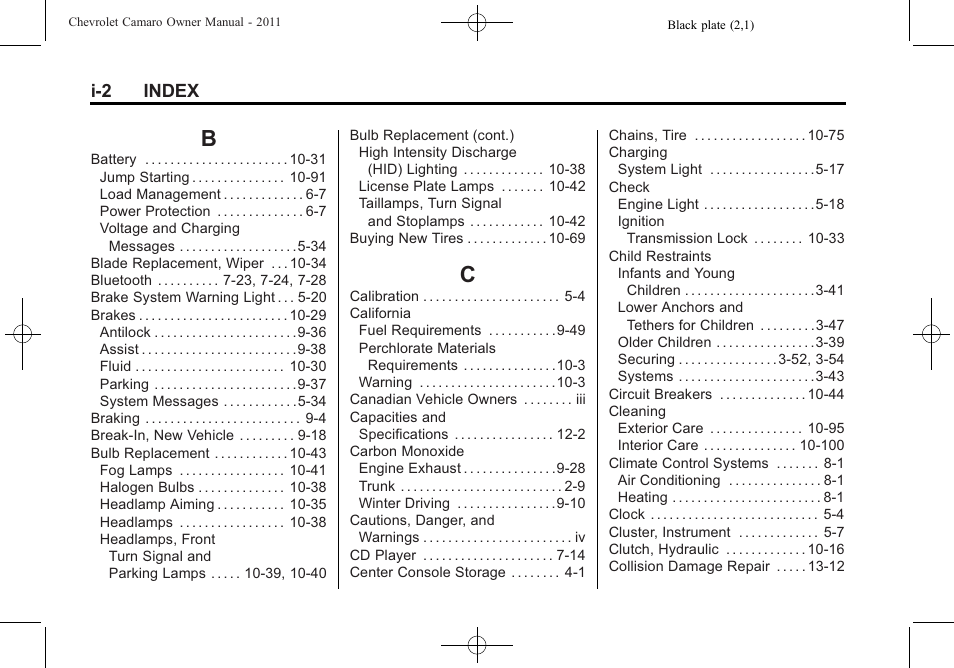 Index_b, Index_c, I-2 index | CHEVROLET 2011 Camaro User Manual | Page 404 / 414