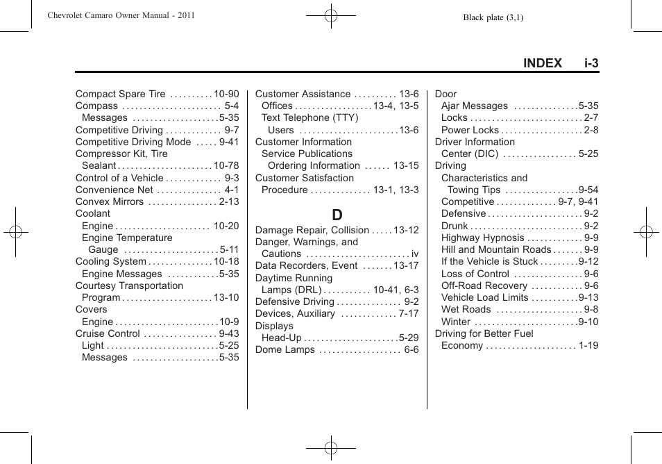 Index_d, Index i-3 | CHEVROLET 2011 Camaro User Manual | Page 405 / 414