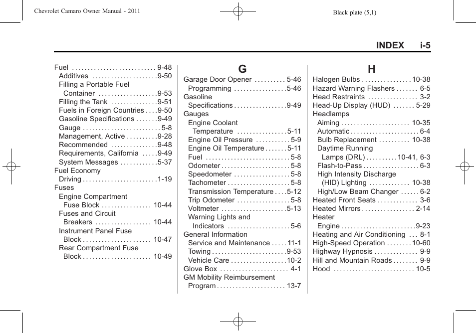Index_g, Index_h, Index i-5 | CHEVROLET 2011 Camaro User Manual | Page 407 / 414