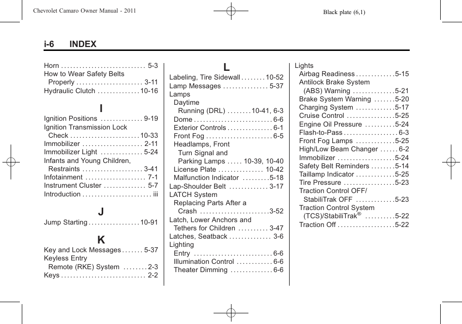 Index_i, Index_j, Index_k | Index_l | CHEVROLET 2011 Camaro User Manual | Page 408 / 414