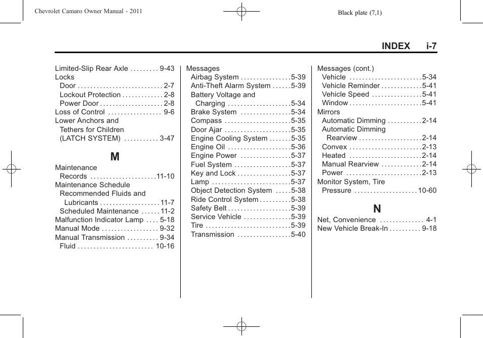 Index_m, Index_n | CHEVROLET 2011 Camaro User Manual | Page 409 / 414