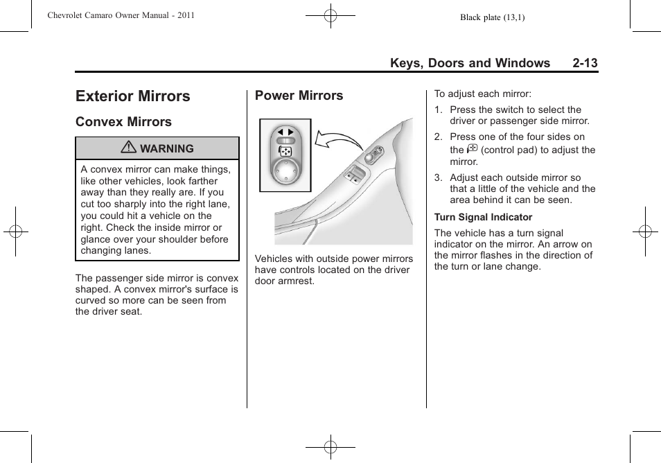 Exterior mirrors, Convex mirrors, Power mirrors | CHEVROLET 2011 Camaro User Manual | Page 41 / 414
