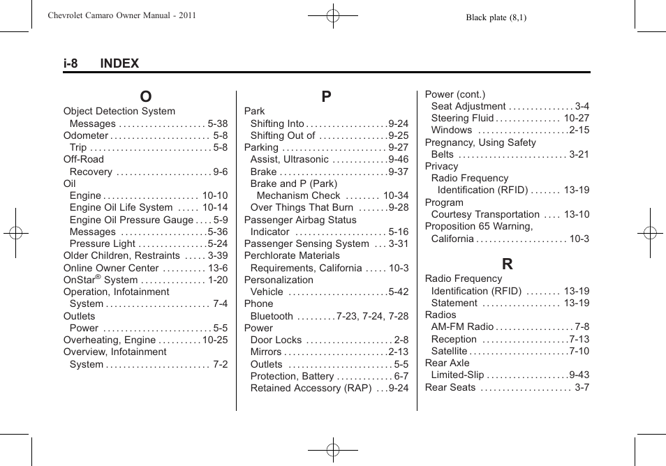 Index_o, Index_p, Index_r | I-8 index | CHEVROLET 2011 Camaro User Manual | Page 410 / 414