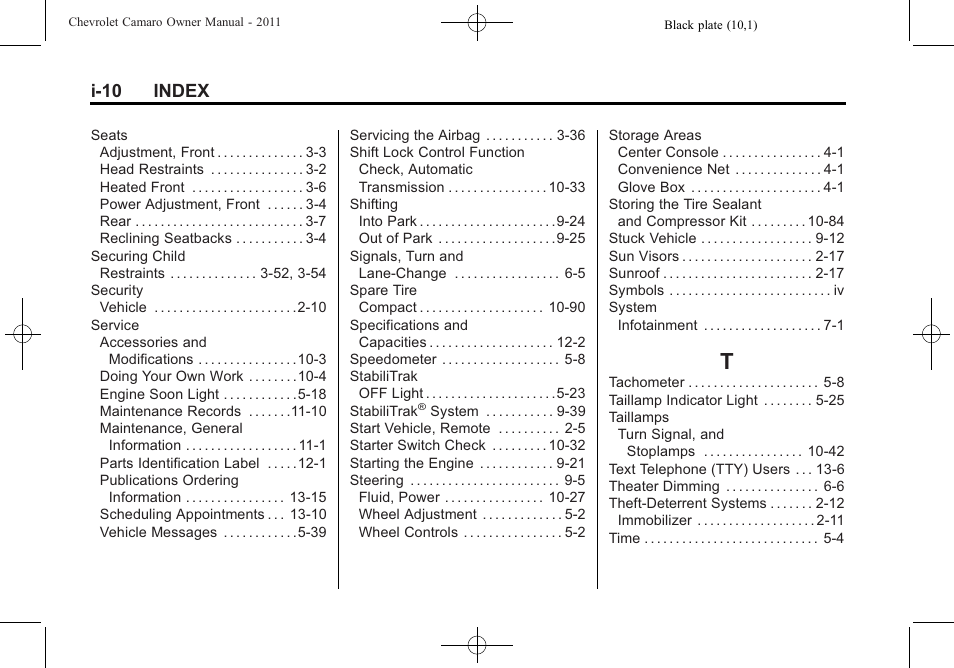 Index_t, I-10 index | CHEVROLET 2011 Camaro User Manual | Page 412 / 414