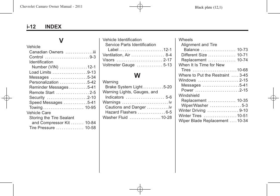 Index_v, Index_w | CHEVROLET 2011 Camaro User Manual | Page 414 / 414