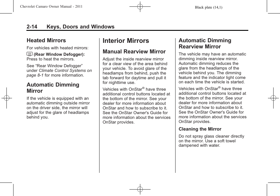 Heated mirrors, Automatic dimming mirror, Interior mirrors | Manual rearview mirror, Automatic dimming rearview mirror | CHEVROLET 2011 Camaro User Manual | Page 42 / 414