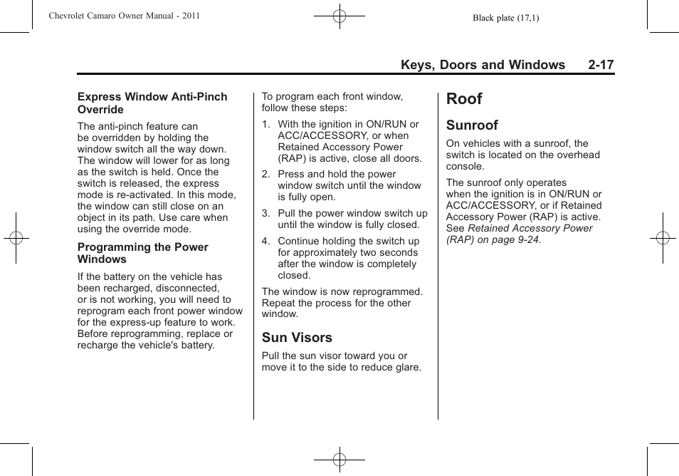 Sun visors, Roof, Sunroof | CHEVROLET 2011 Camaro User Manual | Page 45 / 414