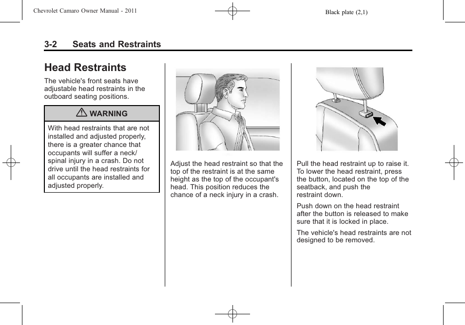 Head restraints | CHEVROLET 2011 Camaro User Manual | Page 48 / 414