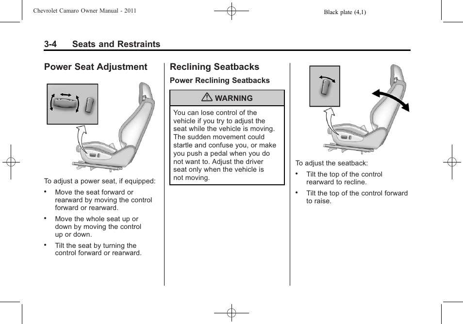 Power seat adjustment, Reclining seatbacks, 4 seats and restraints | CHEVROLET 2011 Camaro User Manual | Page 50 / 414
