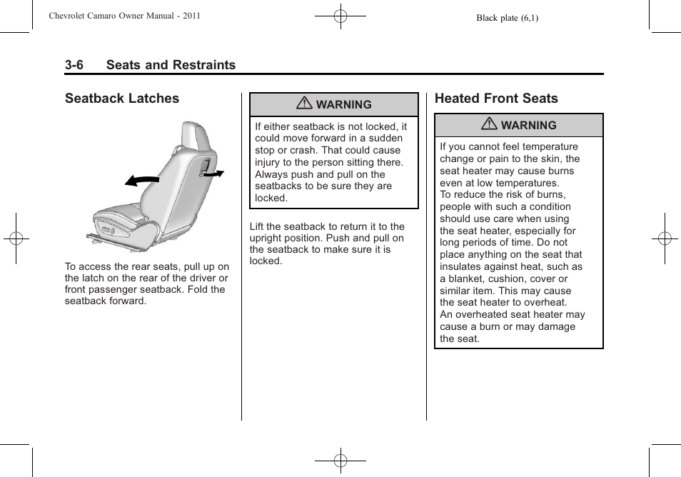 Seatback latches, Heated front seats | CHEVROLET 2011 Camaro User Manual | Page 52 / 414