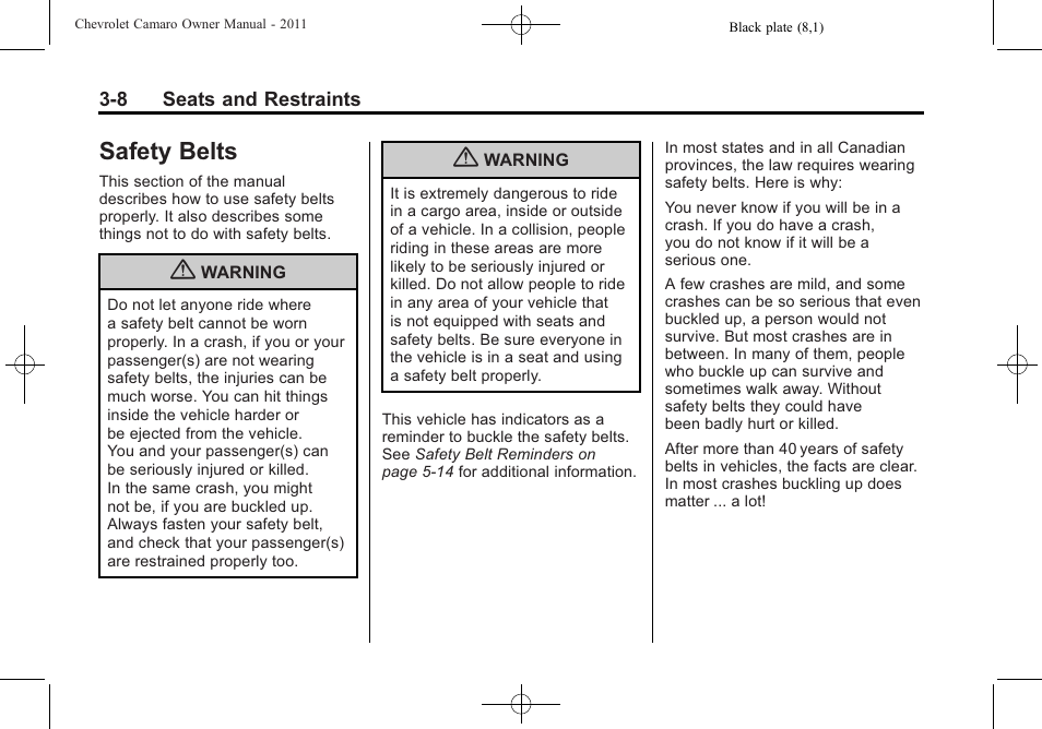 Safety belts | CHEVROLET 2011 Camaro User Manual | Page 54 / 414