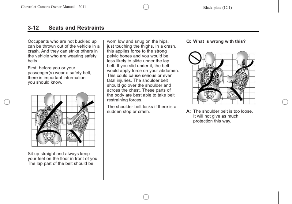 12 seats and restraints | CHEVROLET 2011 Camaro User Manual | Page 58 / 414