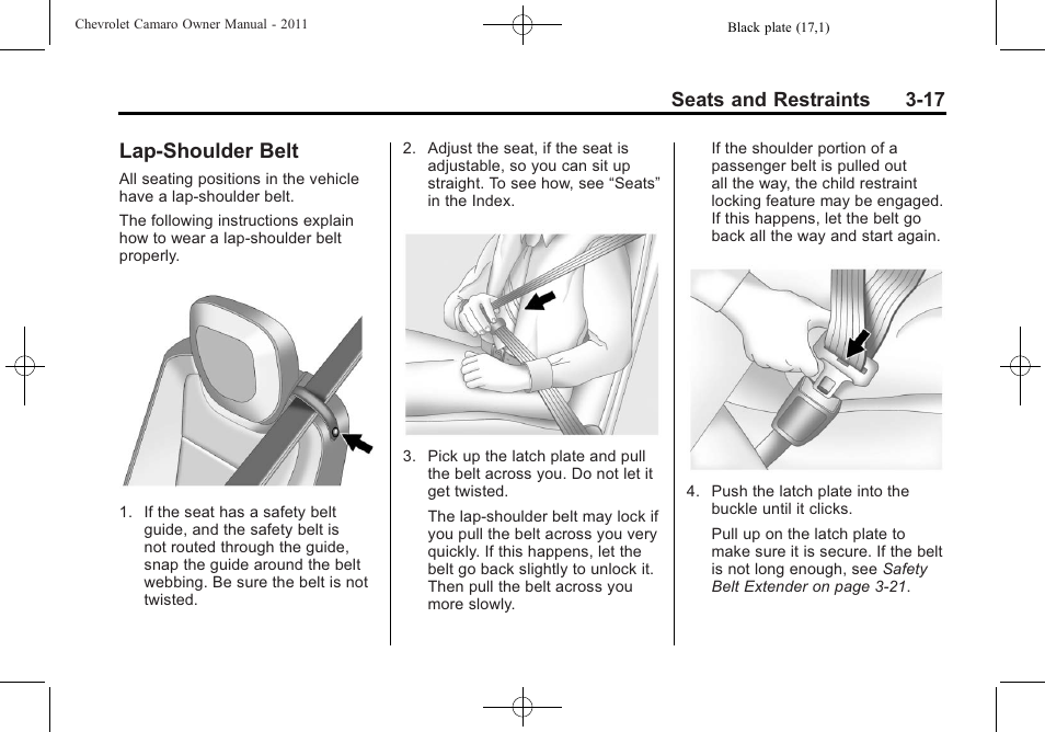 Lap-shoulder belt, Seats and restraints 3-17 | CHEVROLET 2011 Camaro User Manual | Page 63 / 414