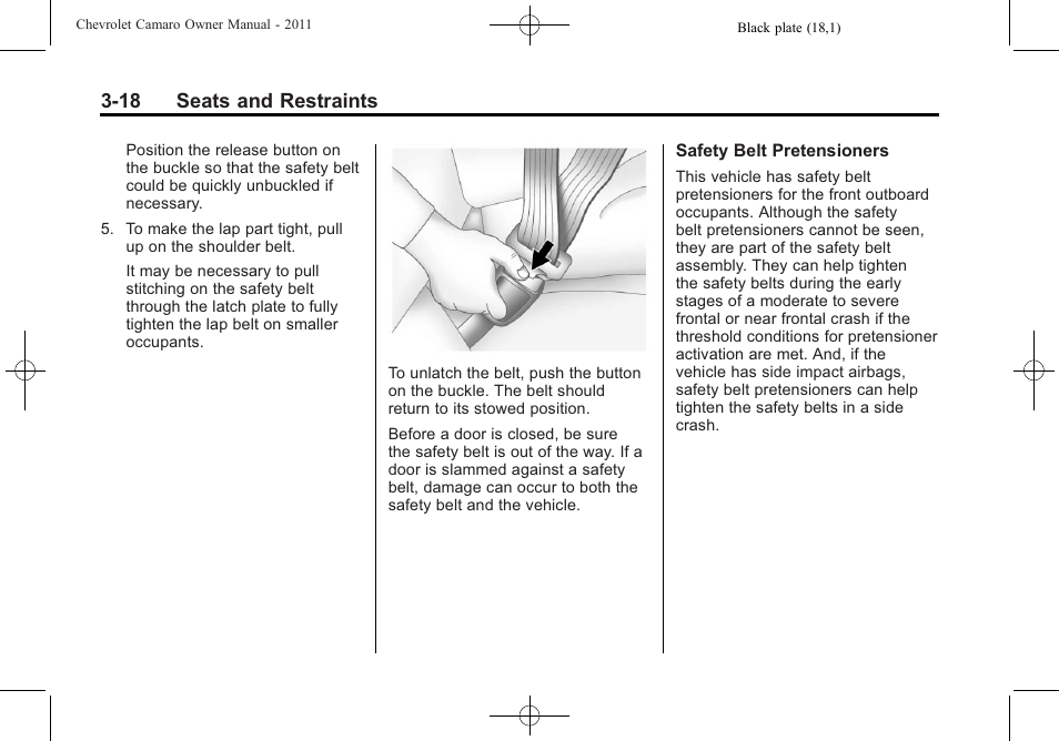 18 seats and restraints | CHEVROLET 2011 Camaro User Manual | Page 64 / 414